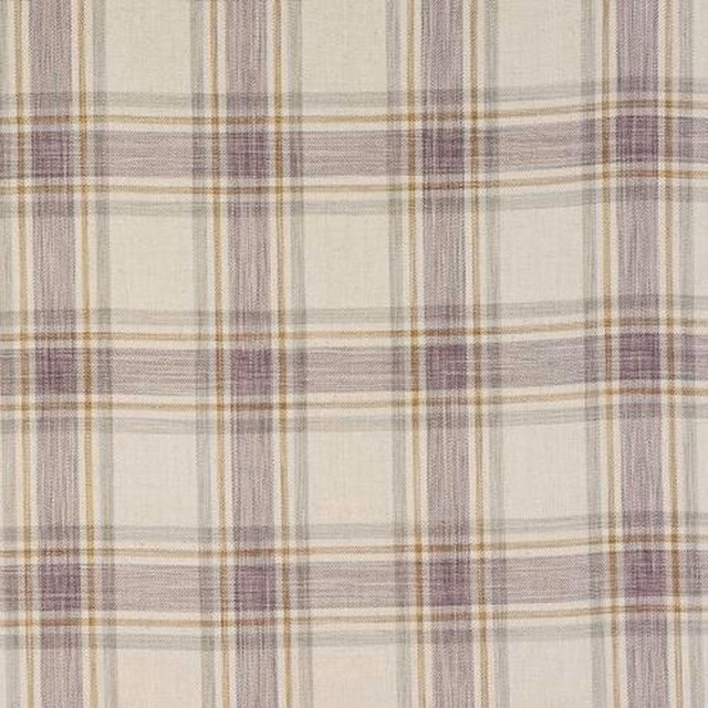 Pale cream check fabric with muted lilac and tan stripes, woven texture visible