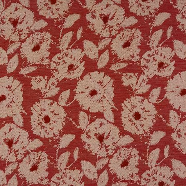 Cranberry red floral fabric with pale distressed blossoms and leaves
