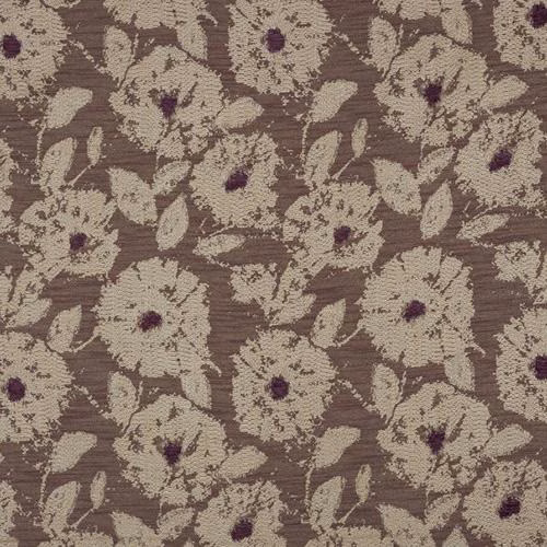 Taupe floral fabric with cream blossoms and plum centres, slightly slubbed texture