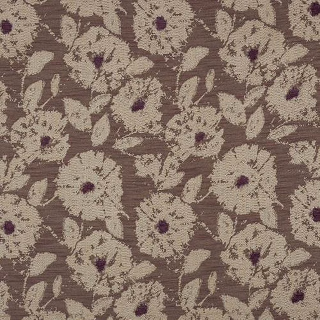 Taupe floral fabric with cream blossoms and plum centres, slightly slubbed texture