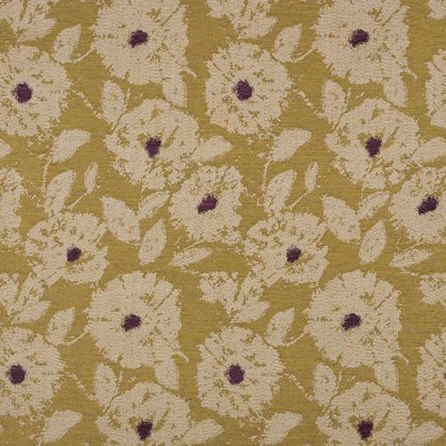 Lime-yellow floral fabric with ivory blossoms and small plum dots