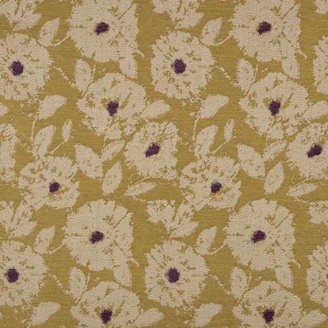 Lime-yellow floral fabric with ivory blossoms and small plum dots