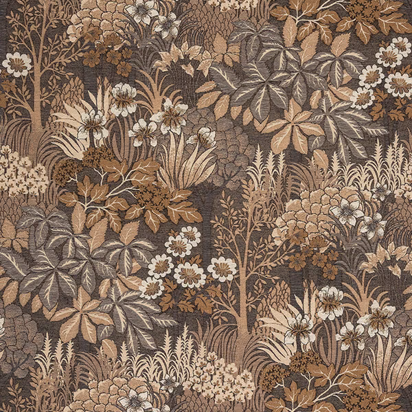 Dense botanical fabric swatch in deep brown with caramel, taupe and cream flowers and leaves