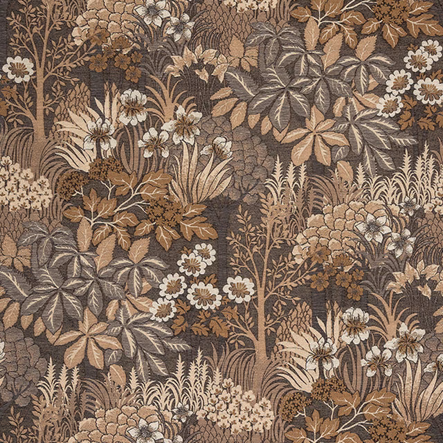 Dense botanical fabric swatch in deep brown with caramel, taupe and cream flowers and leaves