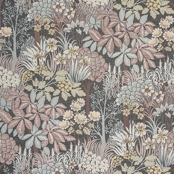 Large-scale botanical fabric with blush pink leaves, cream flowers and charcoal ground