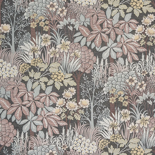 Large-scale botanical fabric with blush pink leaves, cream flowers and charcoal ground