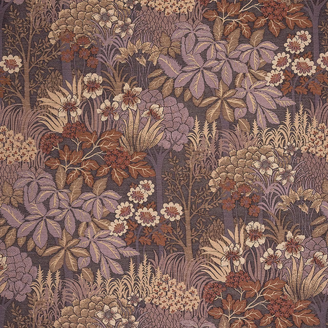 Large-scale woodland floral fabric in dusty heather purple, mauve and taupe