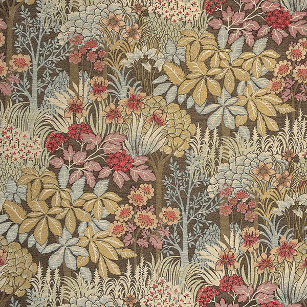 Olive botanical fabric swatch with layered leaves, flowers and berry pink accents