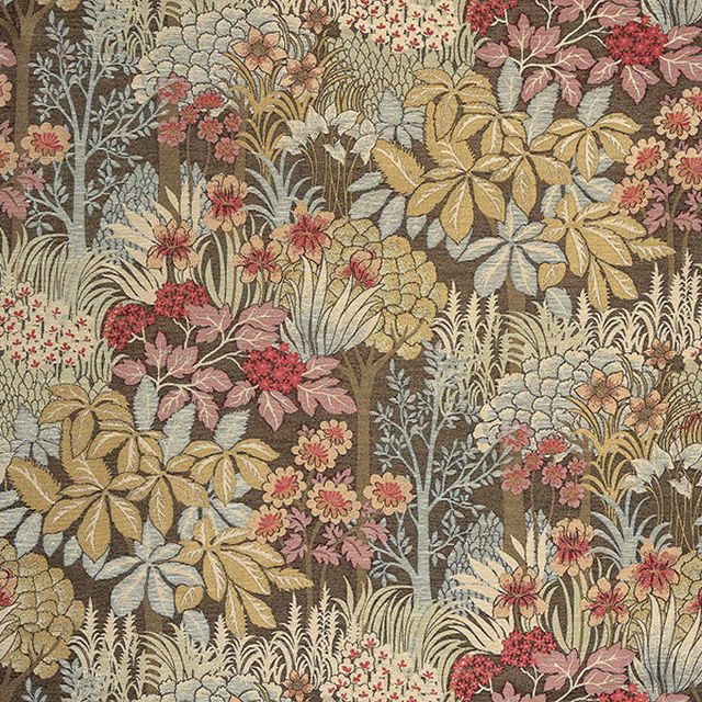 Olive botanical fabric swatch with layered leaves, flowers and berry pink accents