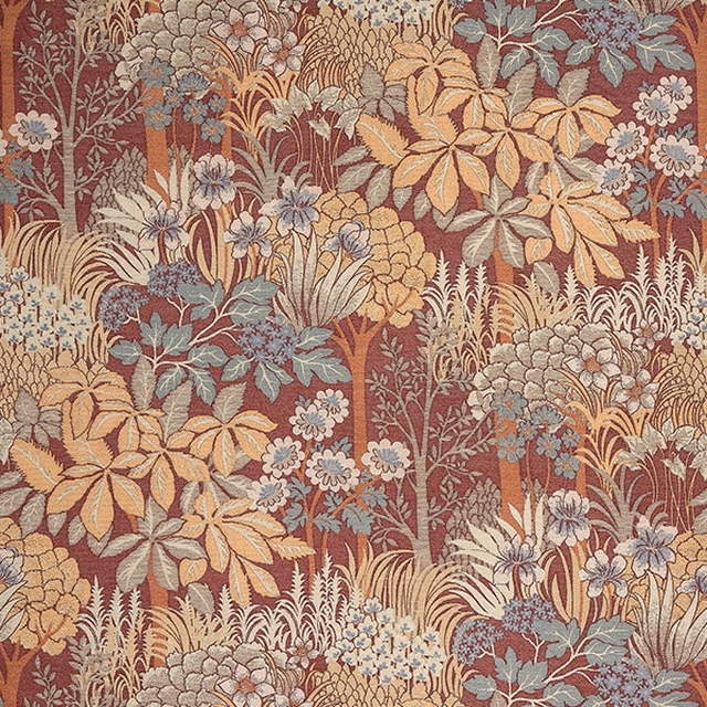 Terracotta-red floral fabric with cream leaves, sage foliage and blue-grey blossoms
