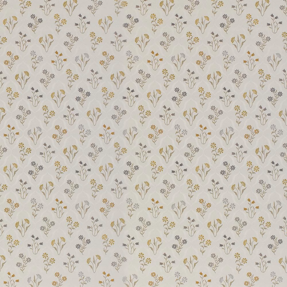Cream floral fabric with small ochre and grey sprigs on a pale ground