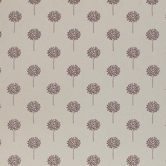 Cream fabric with small berry tree motifs in pink, plum and blue