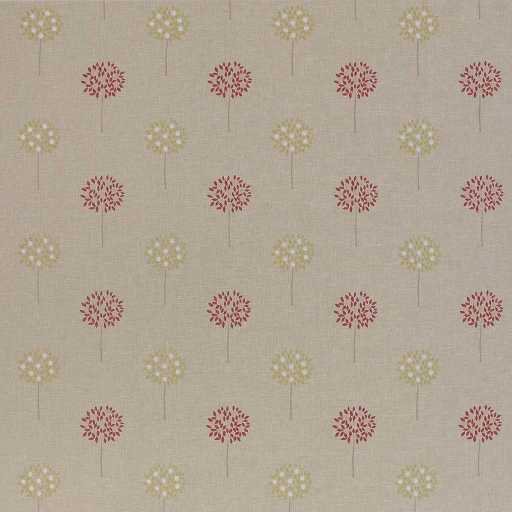 Beige floral fabric swatch with small red and pale yellow flower-head motifs