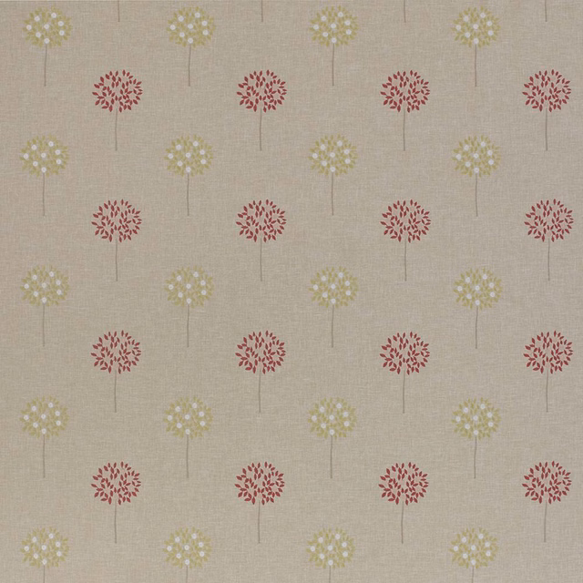 Beige floral fabric swatch with small red and pale yellow flower-head motifs