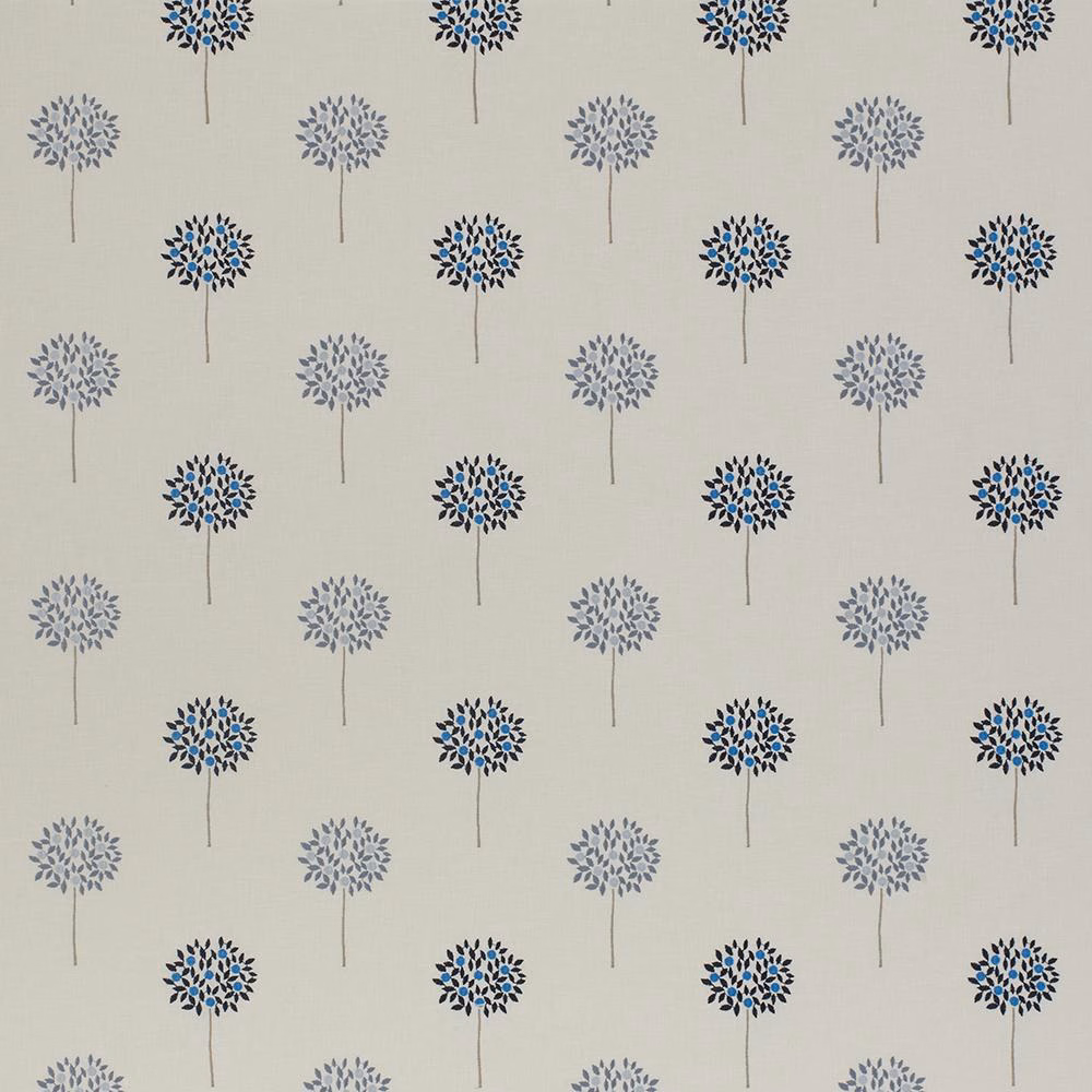 Ivory fabric swatch with small blue and grey floral sprigs in neat rows