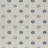 Ivory fabric swatch with small blue and grey floral sprigs in neat rows