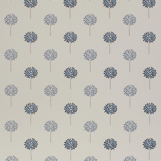 Ivory fabric swatch with small blue and grey floral sprigs in neat rows