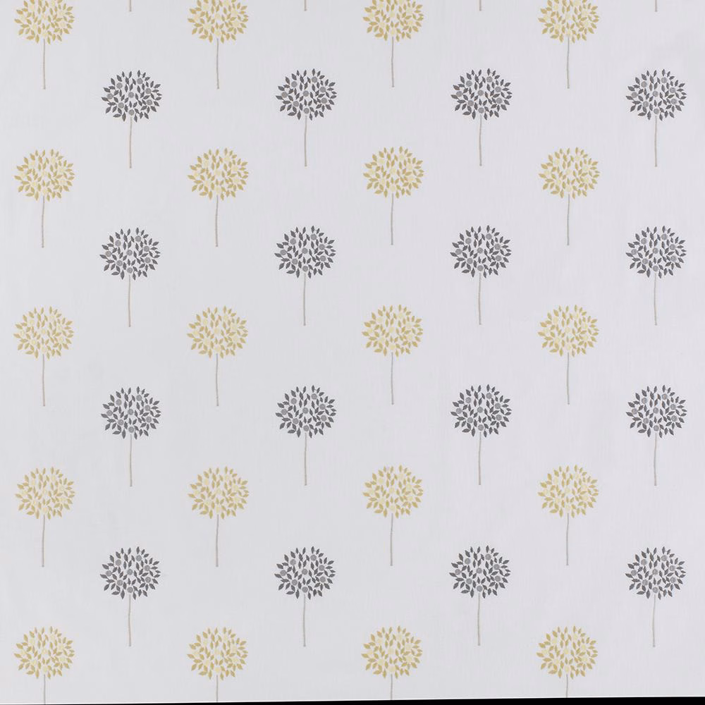 Repeated small ochre and grey tree motifs on a pale ground, evenly spaced