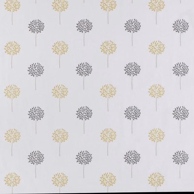 Repeated small ochre and grey tree motifs on a pale ground, evenly spaced