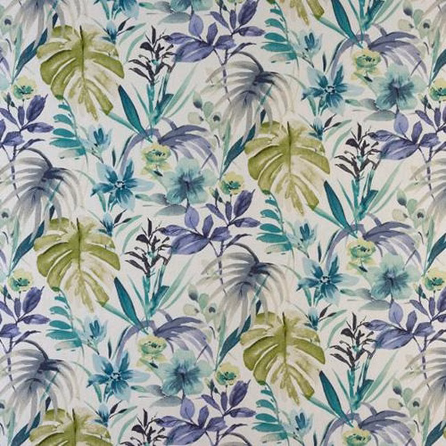 Botanical cotton swatch with indigo, teal and sage leaves on an ivory ground