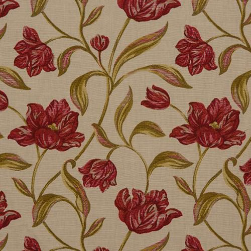 Cream ground fabric with large rouge rose motifs and olive-gold trailing stems