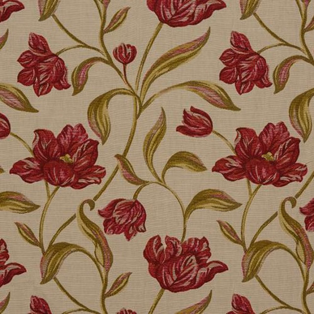 Cream ground fabric with large rouge rose motifs and olive-gold trailing stems