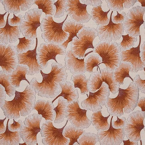 Cream fabric with repeating burnt orange gingko leaf fans and soft peach detailing