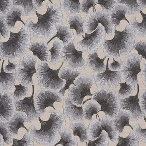 Close-up of gingko leaf pattern in soft dove and charcoal greys on a pale neutral ground