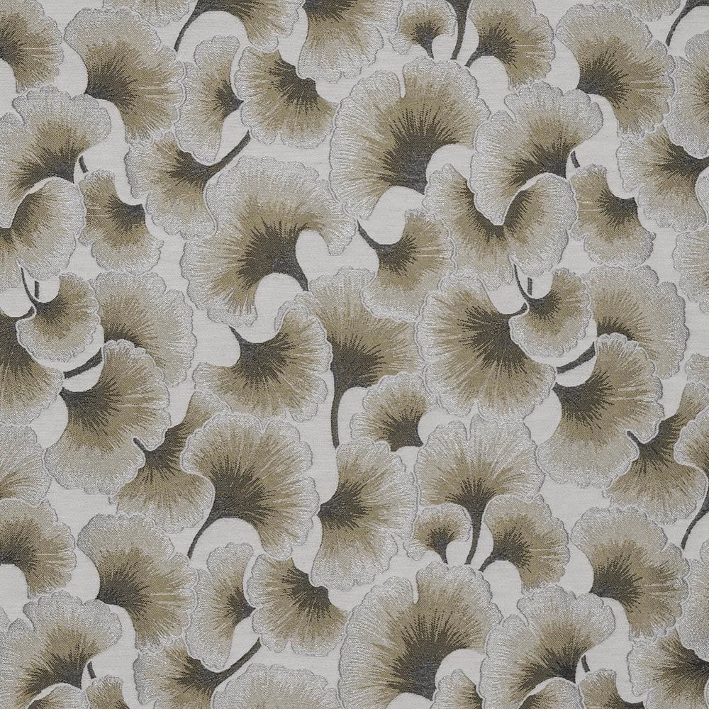 Soft grey and sage ginkgo leaf pattern on a light ground, decorative woven fabric