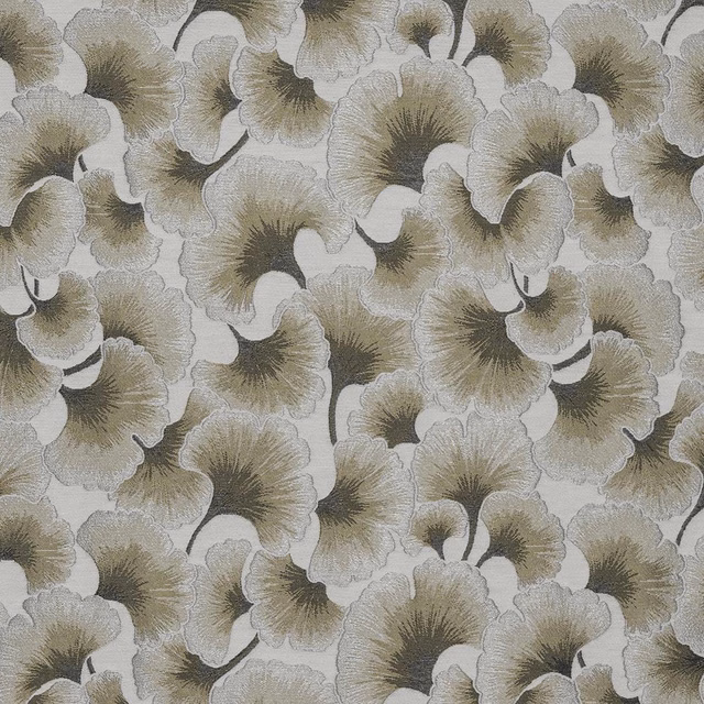 Soft grey and sage ginkgo leaf pattern on a light ground, decorative woven fabric