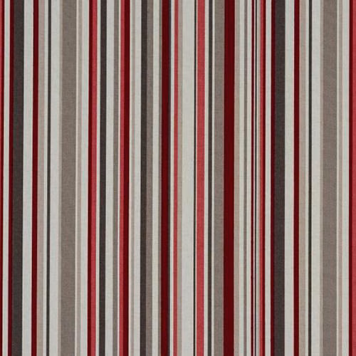 Vertical cherry red, taupe and ivory stripes on a woven cotton swatch
