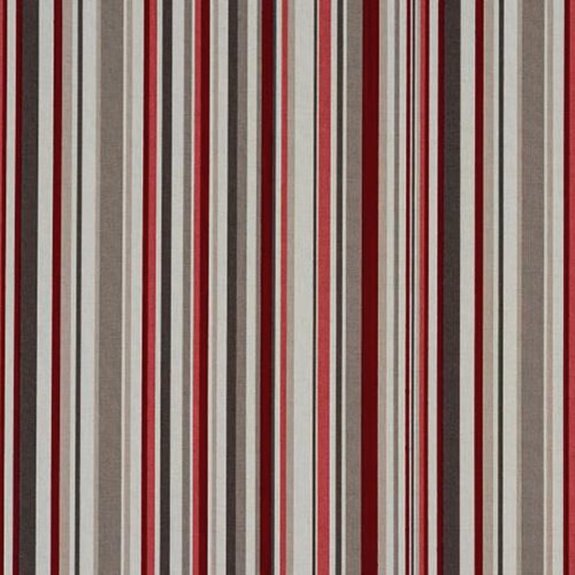 Vertical cherry red, taupe and ivory stripes on a woven cotton swatch