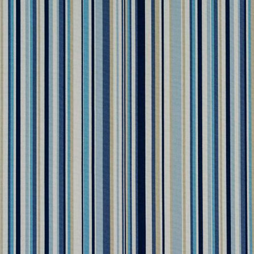 Vertical indigo, aqua, cream and navy stripes on a cotton fabric swatch