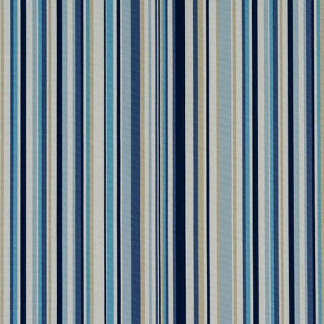 Vertical indigo, aqua, cream and navy stripes on a cotton fabric swatch