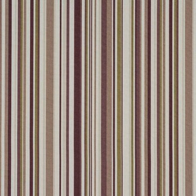 Vertical striped cotton fabric with mulberry, cream, olive and beige bands