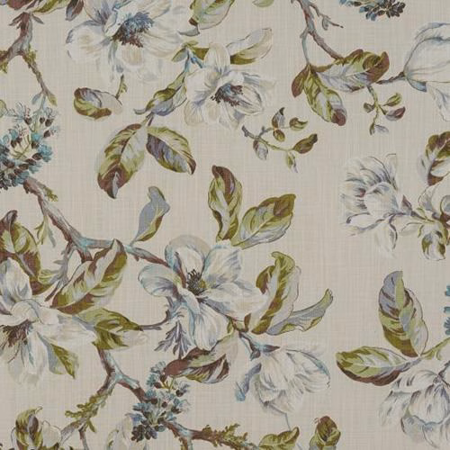 Large painterly floral cotton fabric with ivory ground and blue-green lilac blossoms