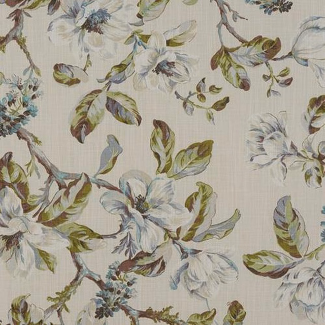 Large painterly floral cotton fabric with ivory ground and blue-green lilac blossoms