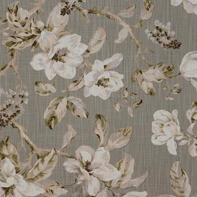 Large white floral print on a soft dove-grey textured cotton ground
