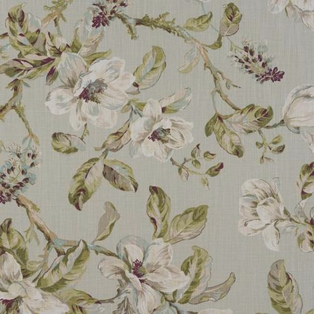 Pale duck egg floral fabric with white blossoms, sage leaves and plum accents