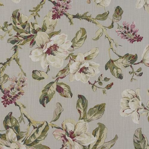 Large botanical floral cotton fabric with cream flowers, olive leaves and fuchsia accents on a pale ground