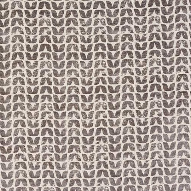 Small repeating charcoal-grey motif on a pale textured fabric ground