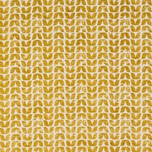 Small repeating ochre geometric motif on a pale ground, with textured woven look