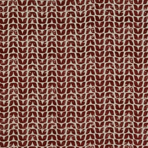 Small repeating brick red geometric motif on a light textured fabric ground