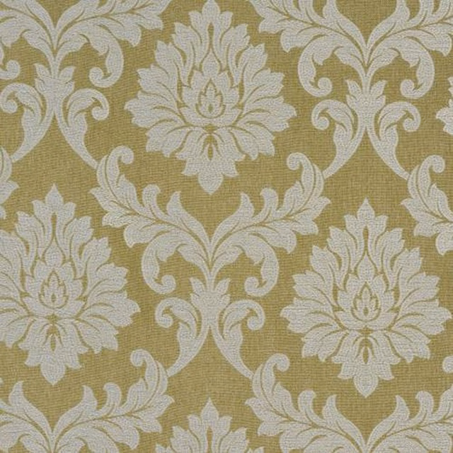 Olive gold damask fabric with large ivory scrolling floral motif
