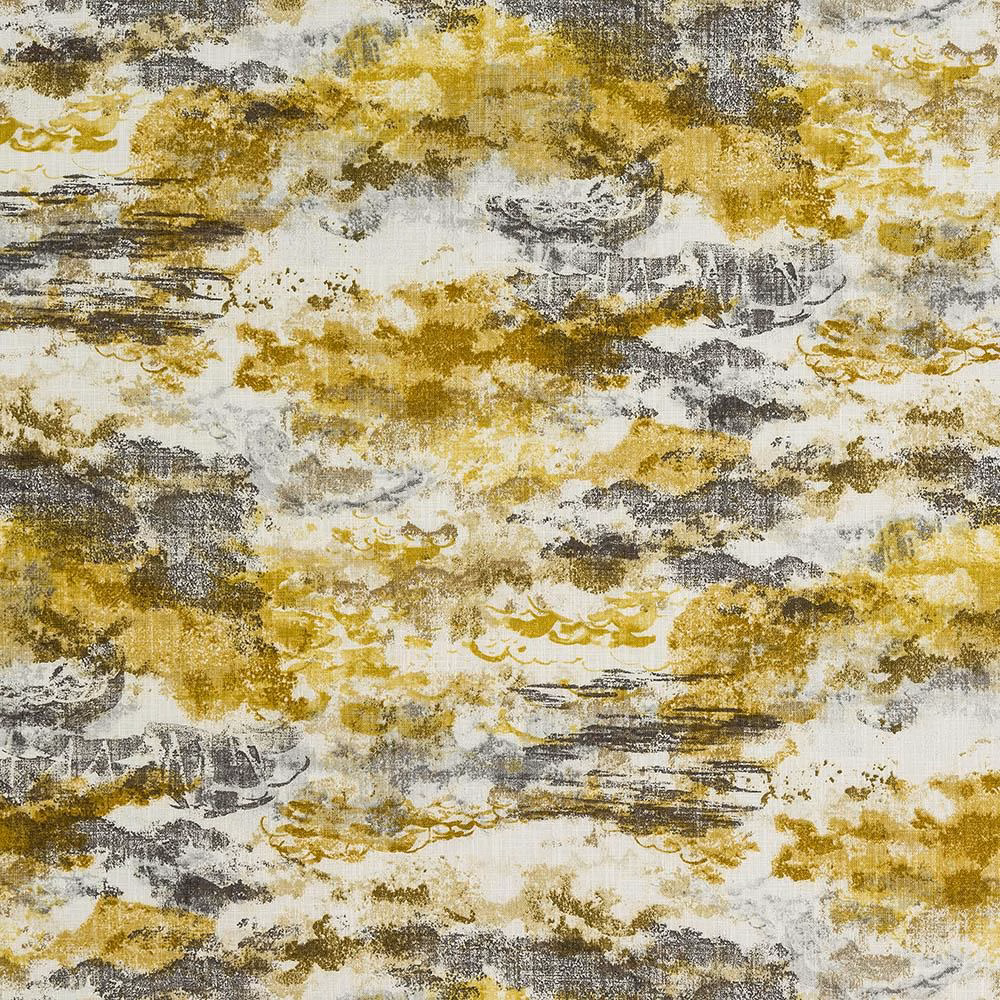 Abstract ochre, grey and ivory cloud-like cotton fabric with painterly texture