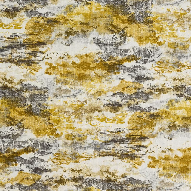 Abstract ochre, grey and ivory cloud-like cotton fabric with painterly texture