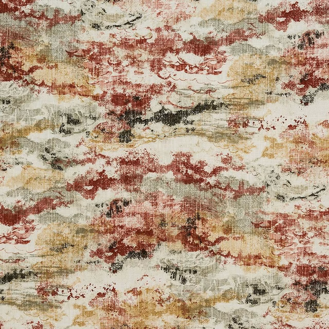 Abstract rust red, cream and gold cotton fabric with a painterly textured weave