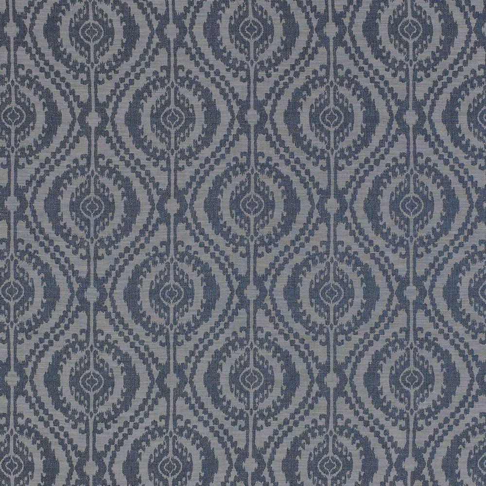 Blue geometric woven fabric swatch with repeating medallion arches on a pale ground