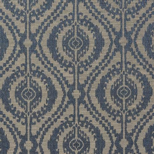 Denim-blue damask pattern on a natural woven fabric swatch
