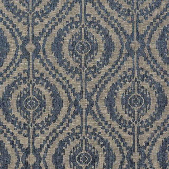 Denim-blue damask pattern on a natural woven fabric swatch